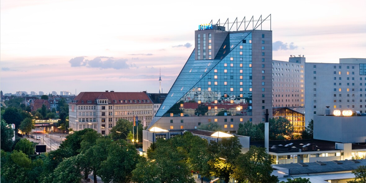 Exterior view of the Estrel Hotel Berlin during sunset